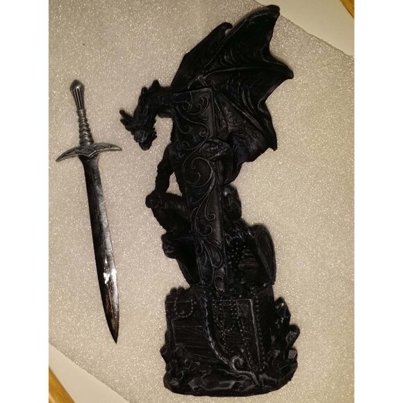Dragon guarding treasure with sword letter opener Statue. - Picture 4 of 10